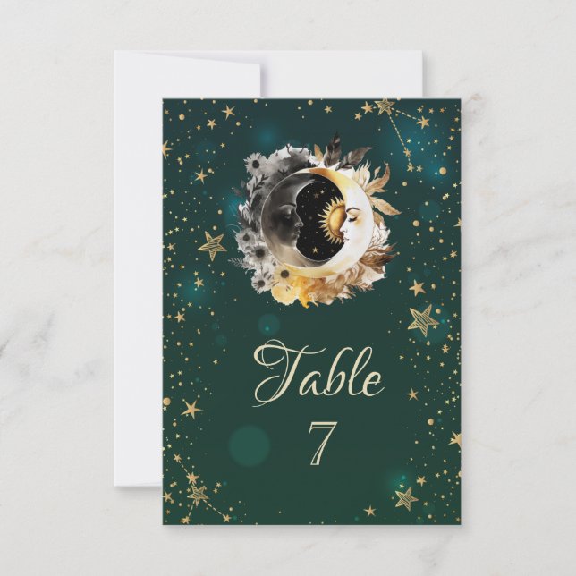 Celestis Sun and Moon Blume Sterne Grün Einladung (Vorderseite)