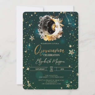 Celestis Sun and Moon Stars Green Quinceanera Einladung