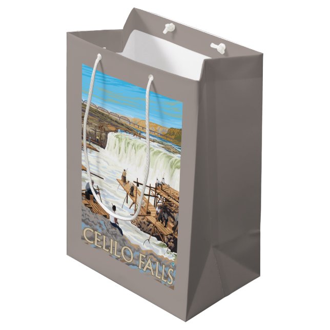Celilo fällt, Vintages Reise-Plakat fischend Mittlere Geschenktüte (Vorderseite Schrägansicht)
