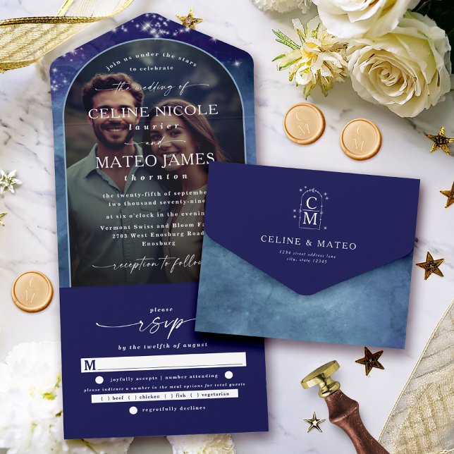 Celine ・ Celestial Night Starry Sky Custom Foto All In One Einladung (Make your wedding planning easy and elegant with the Celine all-in-one invitation and RSVP card!)