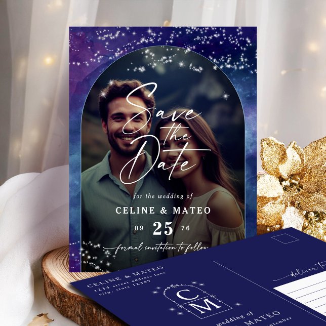 Celine ・ Elegant Starry Sky Foto Save the Date Ankündigungspostkarte (Announce your wedding with the Celine Save the Date postcard, featuring a photo and monogram.)
