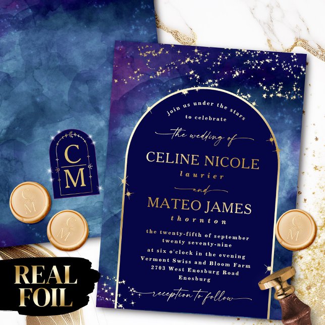 Celine ・ Elegante Night Sky Arch Wedding Real Gold Folieneinladung (Set the tone for a magical night wedding with this stunning "Celine" Gold Foil invitation design.)
