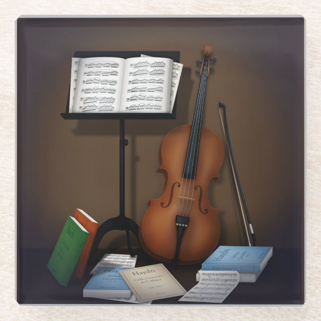 Cello & Music Stand Charme Miniatur Szene Glasuntersetzer (Vorderseite)