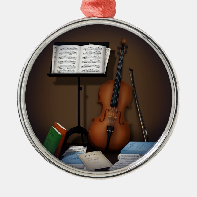 Cello & Music Stand Charme Miniatur Szene Ornament Aus Metall (Vorne)