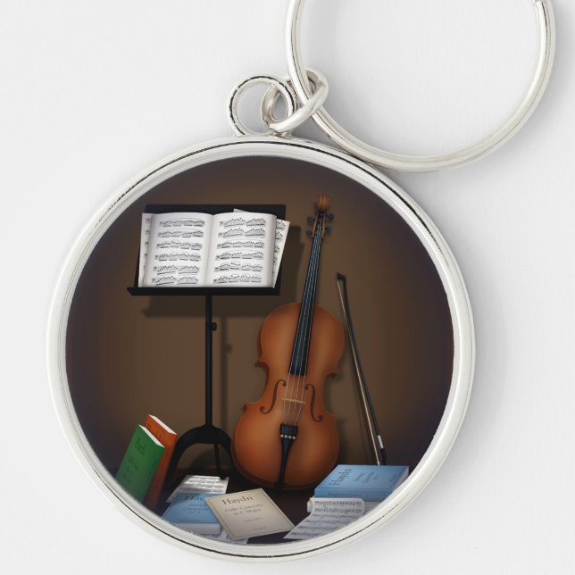 Cello & Music Stand Charme Miniatur Szene Schlüsselanhänger (Vorne)