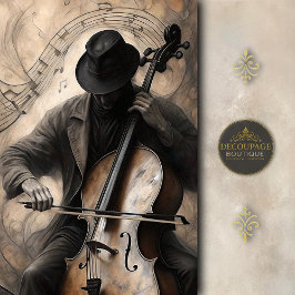 Cello Player in Shadow w/ Musical Notes Decoupage Seidenpapier