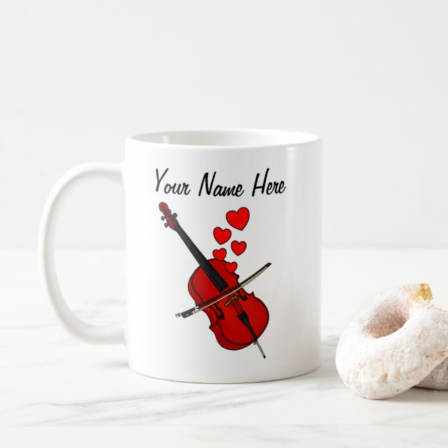 Cello Red Hearts Cellist Musician Custom Kaffeetasse (Mit Donut)