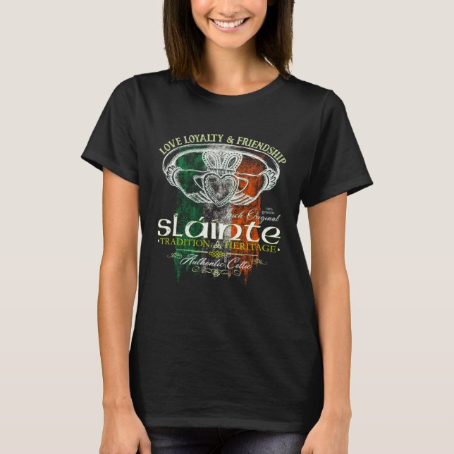Celtic Claddagh Slainte Grunge Irish Flag St Patri T-Shirt (Vorderseite)