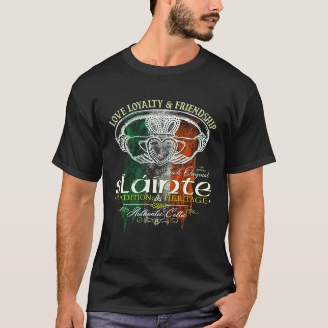 Celtic Claddagh Slainte Grunge Irish Flag St Patri T-Shirt (Vorderseite)