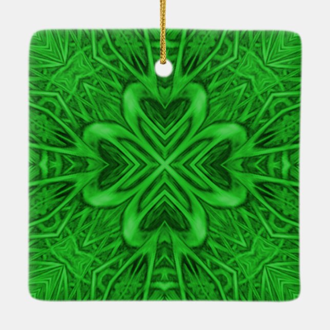 Celtic Clover Vintages grünes Fraktal Kaleidoskop Keramikornament (Rückseite)