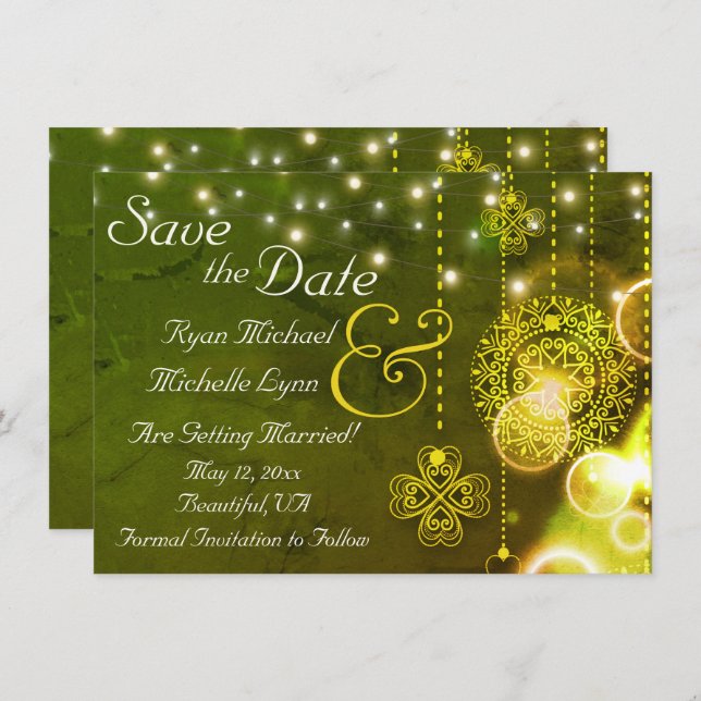 Celtic Clovers and String Lights Irish Wedding Save The Date (Vorne/Hinten)