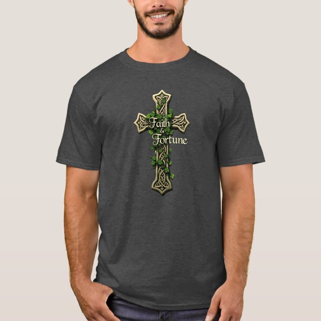 Celtic Cross Faith & Fortune Kleeblatt Design T-Shirt (Vorderseite)