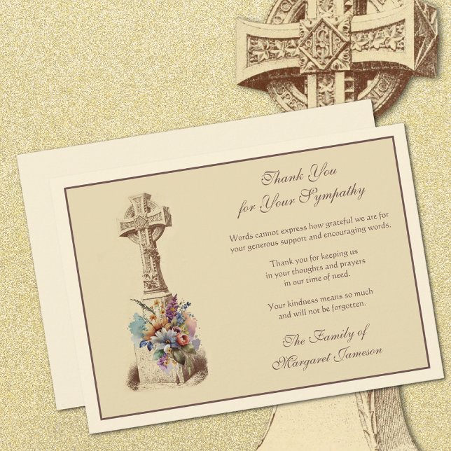 Celtic Cross Floral Beerdigung Condolence Beileid Dankeskarte (Celtic Cross with Flowers Funeral Thank You Cards)