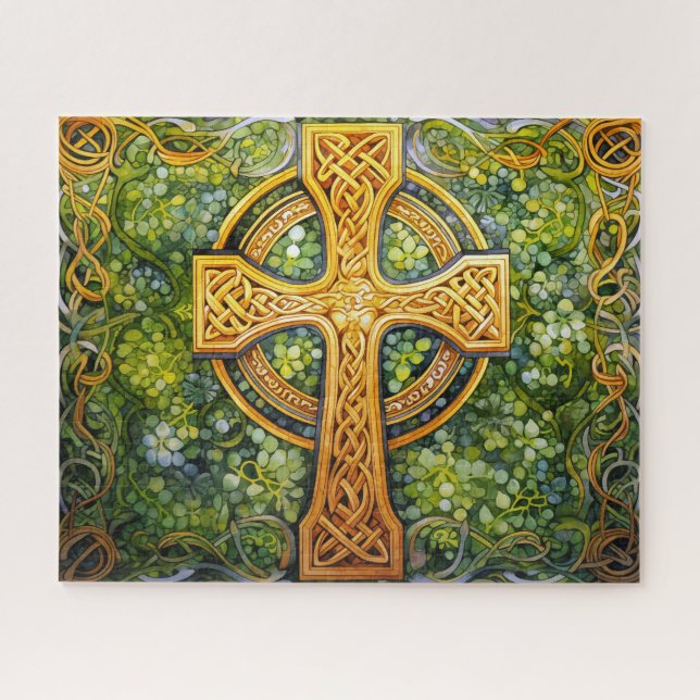 Celtic Cross keltic Knot Green Gold Knüpfarbeit Puzzle (Horizontal)