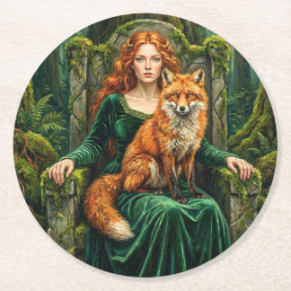 Celtic Forest Queen Red Fox Witch Fantasy Art ( Runder Pappuntersetzer