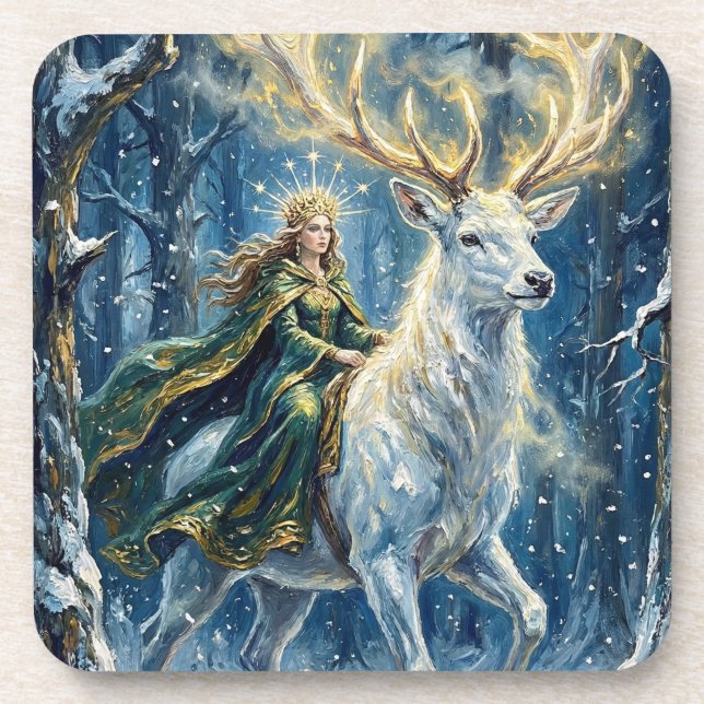 Celtic Goddess & Glowing White Stag Getränkeuntersetzer (Vorderseite)