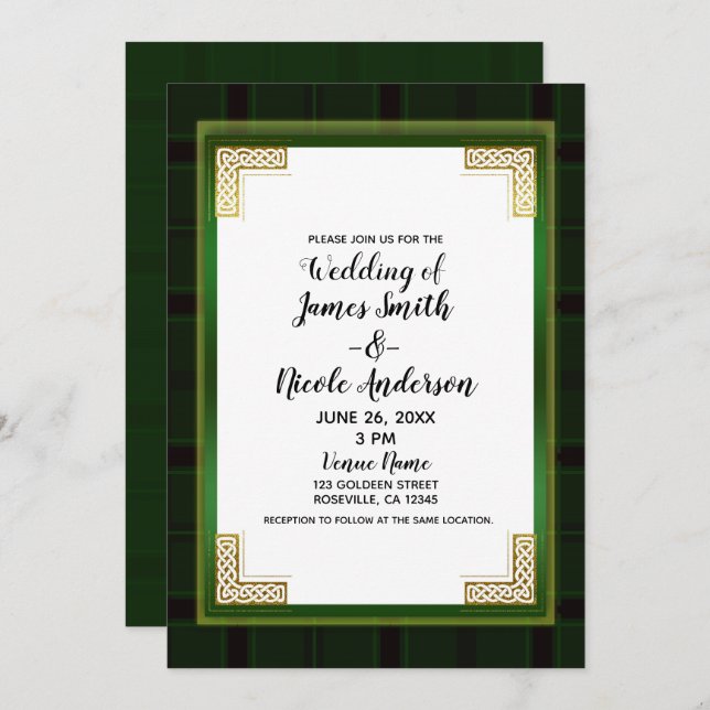 Celtic Green Gold Kariert Tartan White Irish Weddi Einladung (Vorne/Hinten)
