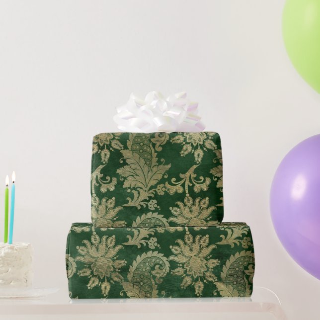 Celtic Green Gold Paisley Floral Pattern Geschenkpapier (Partygeschenke)