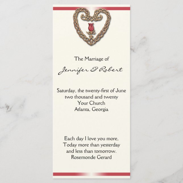 Celtic Heart with rote Rose Wedding Program Programm (Vorderseite)