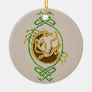 Celtic Horse Knüpfarbeit - Green & Gold Keramik Ornament