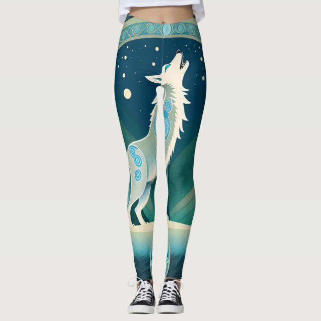 Celtic Howling Wolf entwirft Leggings in Blue Tone (Vorderseite)
