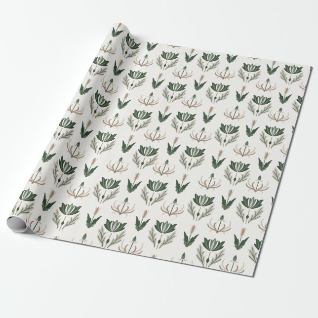 Celtic Irish Floral Botanic Green Beige Geschenkpapier (Ungerollt)