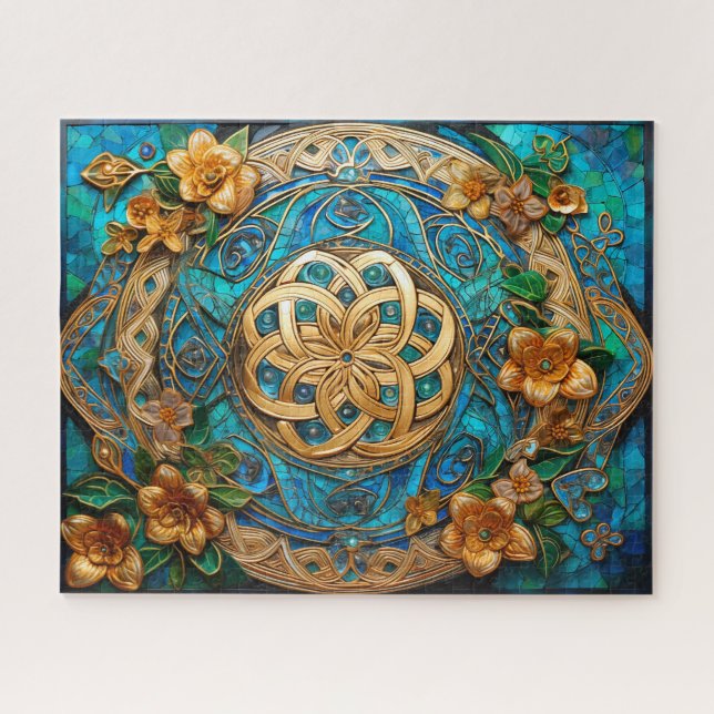 Celtic Knot Aquamarin Blue Gold Blume Knüpfarbeit Puzzle (Horizontal)