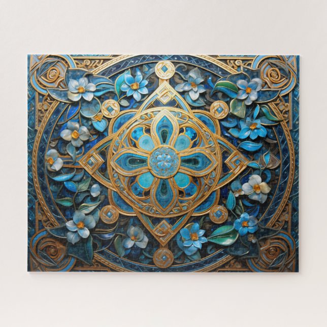 Celtic Knot Blue Gold Blume Knüpfarbeit Puzzle (Horizontal)