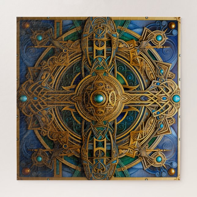 Celtic Knot Blue Green Gold Knüpfarbeit Puzzle (Horizontal)