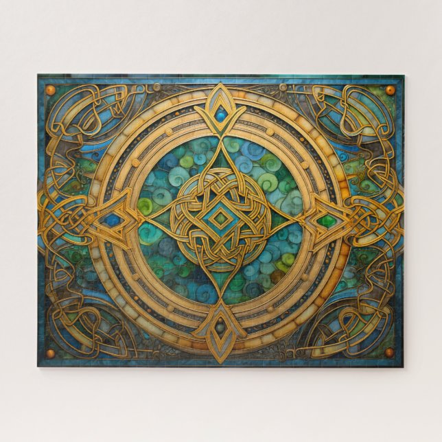 Celtic Knot Blue Green Gold Knüpfarbeit Puzzle (Horizontal)