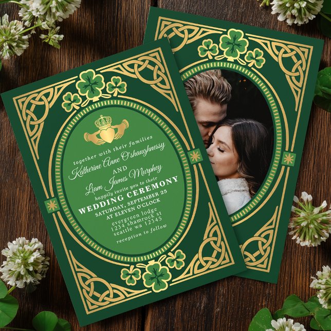 Celtic Knot Claddagh Shamrock Wedding Green Photo Einladung (Von Creator hochgeladen)