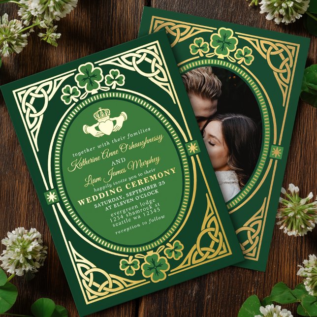 Celtic Knot Claddagh Shamrock Wedding Green Photo Folieneinladung (Von Creator hochgeladen)