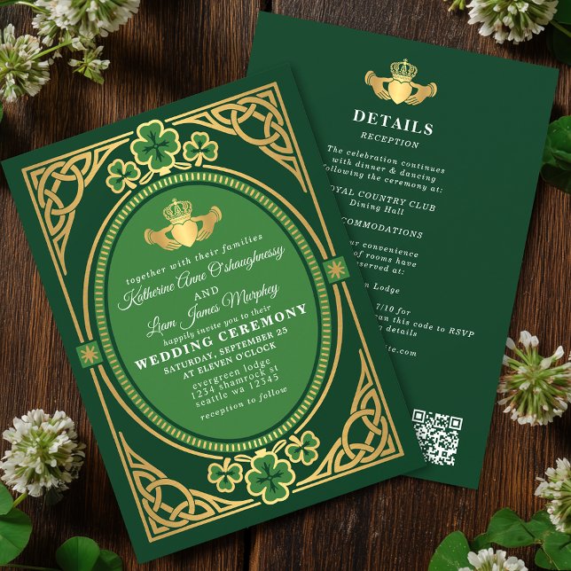 Celtic Knot Claddagh Shamrock Wedding Green QR Einladung (Von Creator hochgeladen)