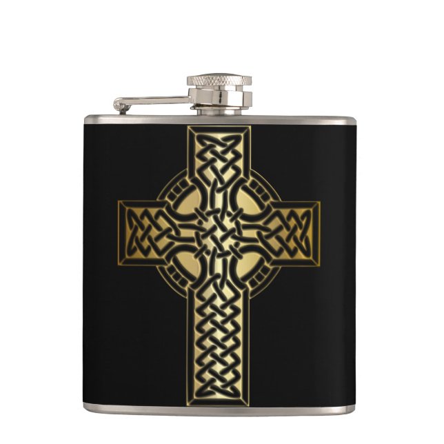 Celtic Knot Cross in Gold und Schwarz Flachmann (Vorderseite)