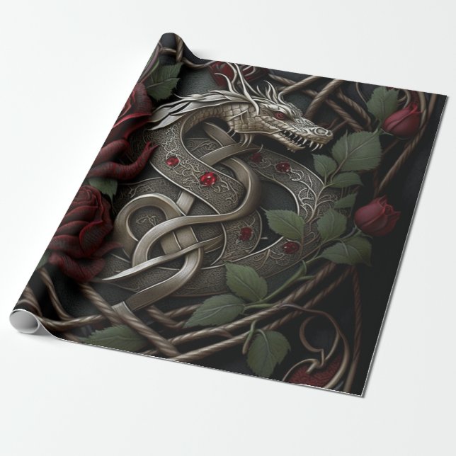 Celtic Knot Dragon Goth Rote Rosen Geschenkpapier (Ungerollt)