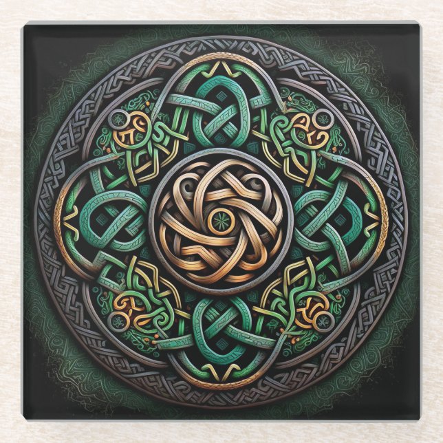 Celtic Knot Green Gold Knüpfarbeit Glasuntersetzer (Vorderseite)