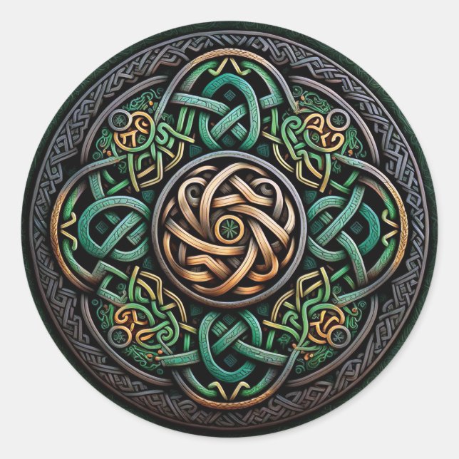 Celtic Knot Green Gold Knüpfarbeit Runder Aufkleber (Vorderseite)
