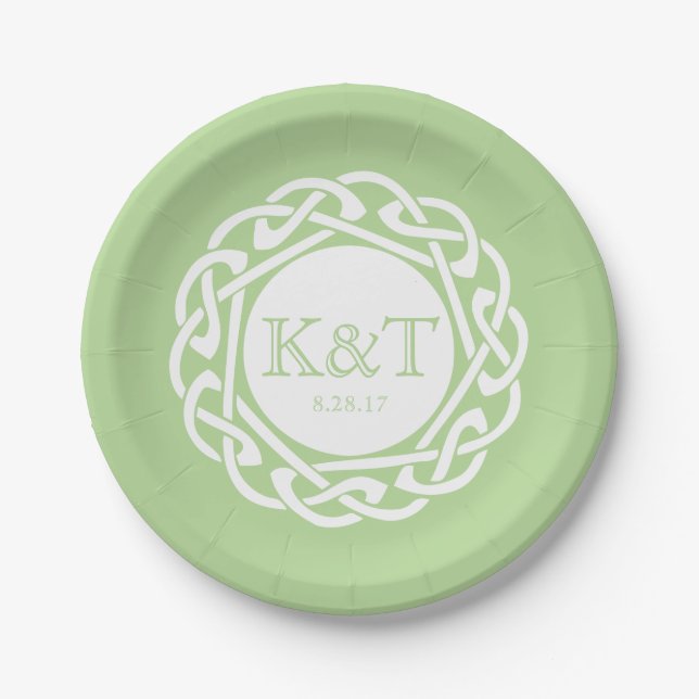Celtic Knot Initials - Hochzeitsplatte hellgrün Pappteller (Vorderseite)