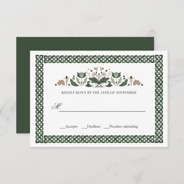 Celtic Knot | Moderne Hochzeit mit irischer Flora Einladung (Vorne/Hinten)