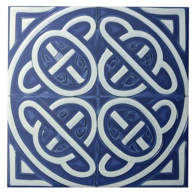 Celtic Knot Navy Blue und White Celtic Fliese (Vorderseite)