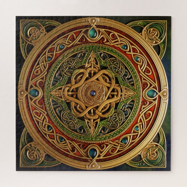 Celtic Knot Red Green Gold Knüpfarbeit Puzzle (Horizontal)
