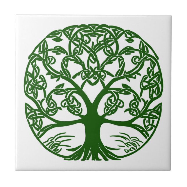 Celtic Knot Tree of Life Green on White Fliese (Vorderseite)