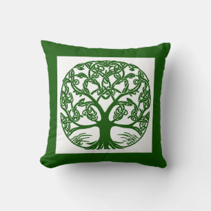 Celtic Knot Tree of Life Green on White Kissen