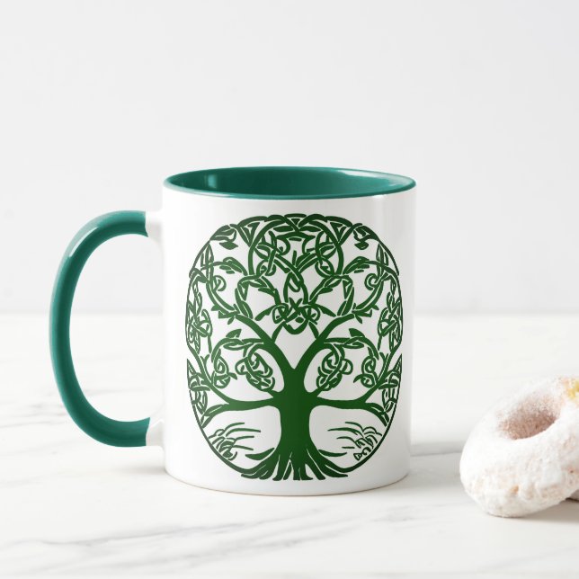 Celtic Knot Tree of Life Green on White Tasse (Mit Donut)