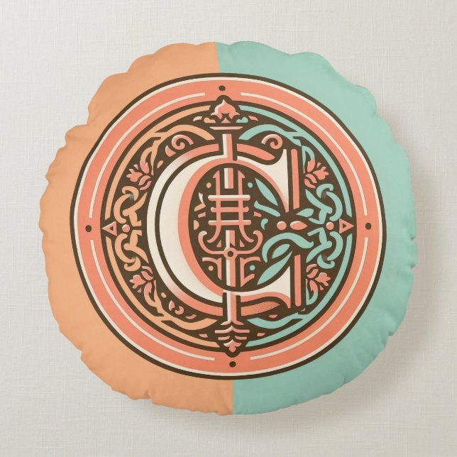 Celtic Pastel Letter "C" Round Throw Pillow Rundes Kissen (Vorderseite)