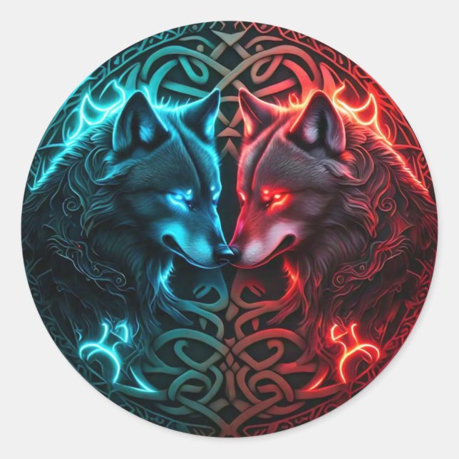 Celtic Red and Blue Wolf Round Sticker (Vorderseite)