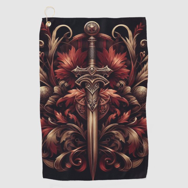 Celtic Scottish Red und Bronze Sword Golfhandtuch (Vorderseite)