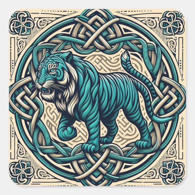 Celtic Square Aquamarin Tiger Quadratischer Aufkleber (Vorderseite)