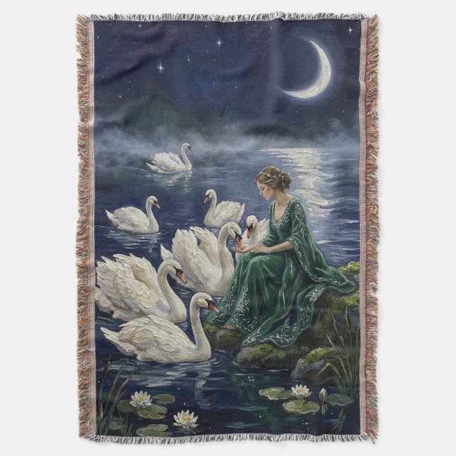 Celtic Swans Moonlit Lake Night Fantasy Art Decke (Vorderseite Vertikal)