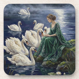 Celtic Swans Moonlit Lake Night Fantasy Art Getränkeuntersetzer